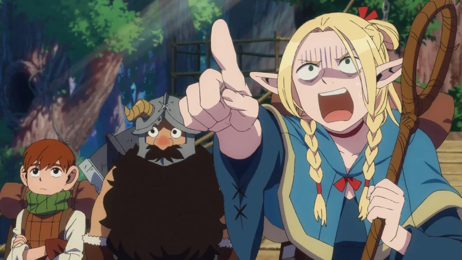 Marcille yelling about something as Chilchuck and Senshi look on.