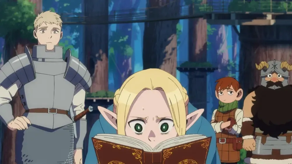 Marcille nose-deep in her book as the party looks on.