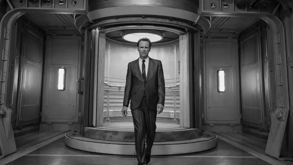 Cooper in a black and white Vault-Tec commercial.