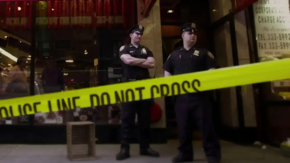 A couple of NYC cops guard the crime scene.
