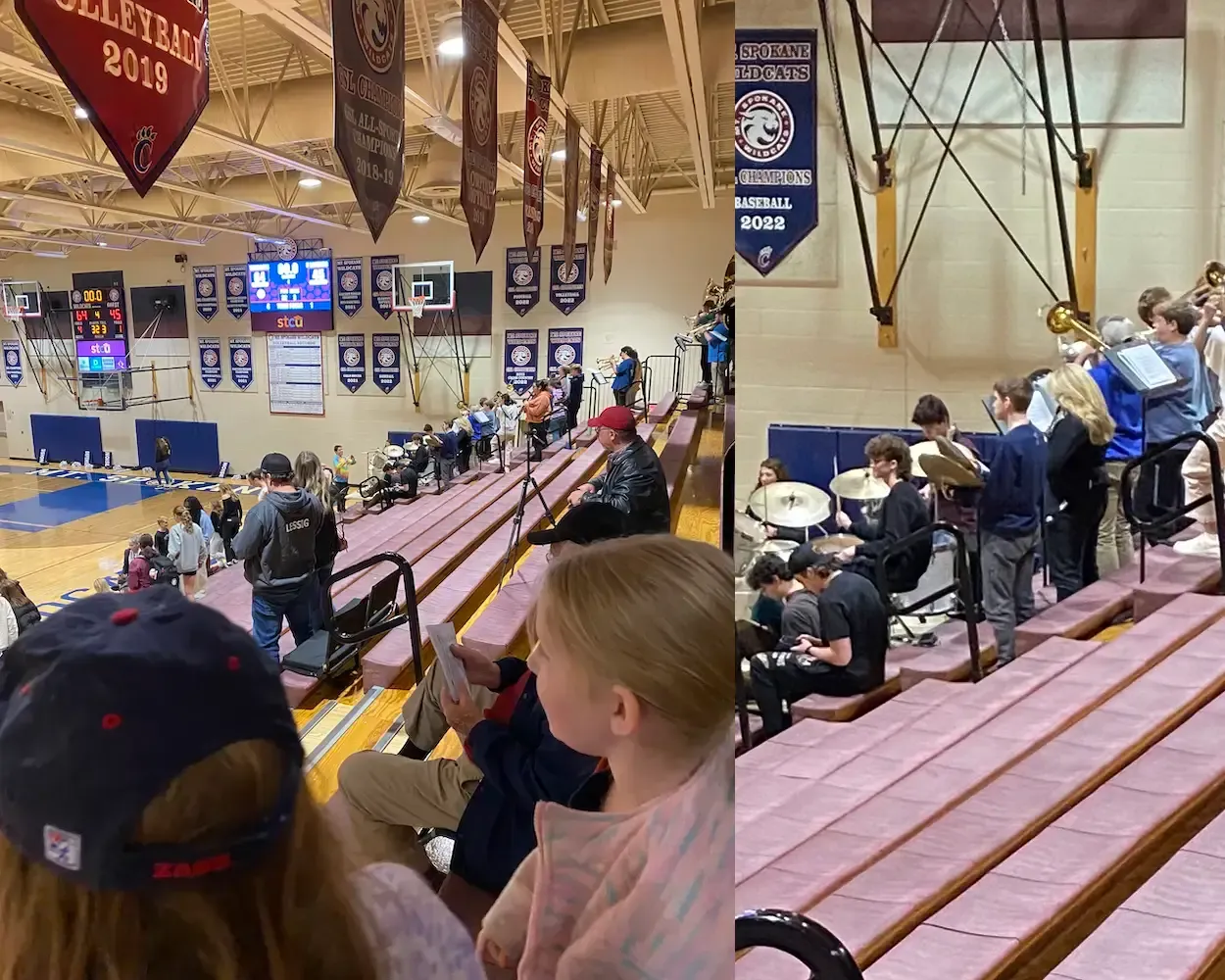 View from the bleachers towards the Mt. Spokane pep band after the game, with a zoomed-in section of Nathan playing the cymbals.