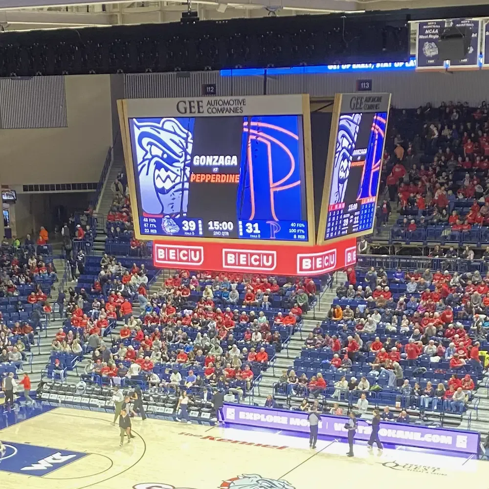 Shot of the overhead video scoreboard at the Gonzaga - Pepperdine women's basketball game.