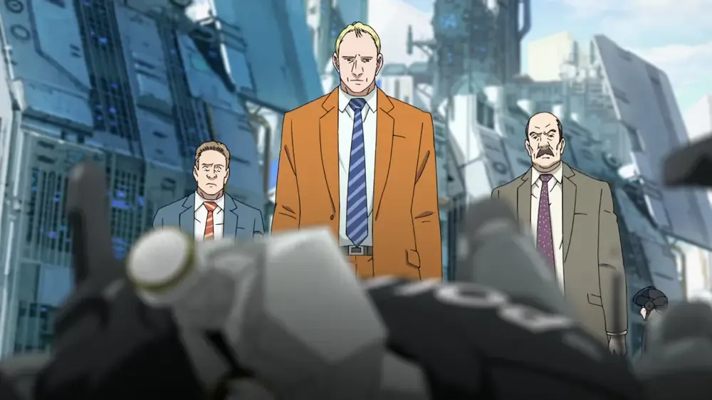 Flanked by a pair of human detectives Gesicht stares down at the body of Mont Blanc.