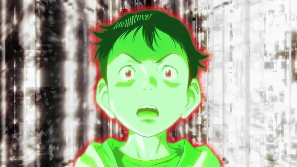 Strange glowing headshot of the youthful Atom robot.