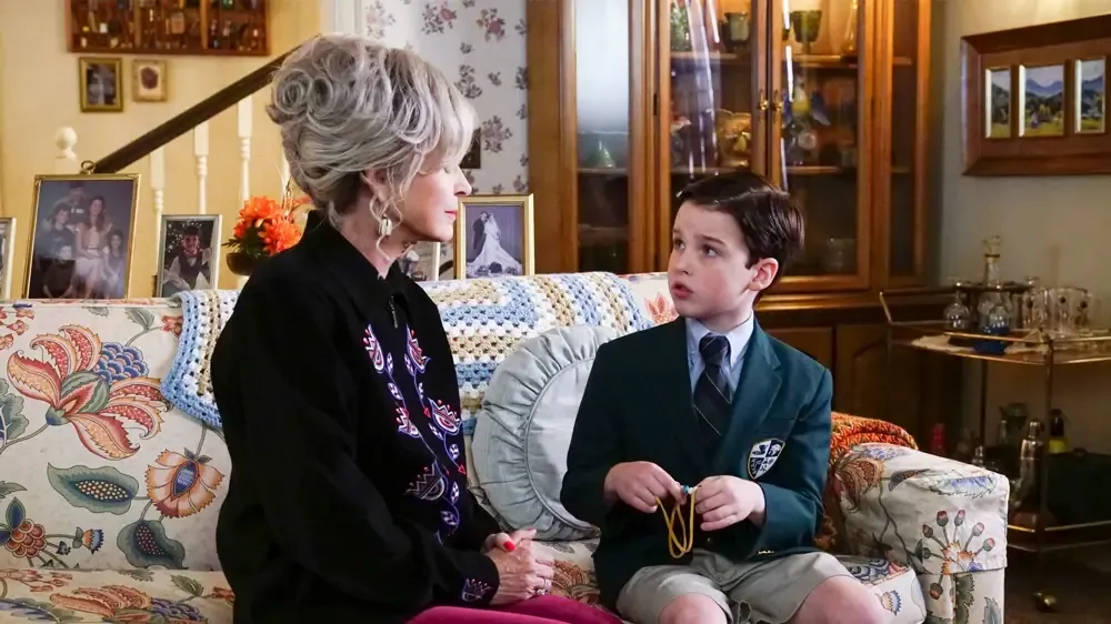 Connie talks to Sheldon in his uniform before he heads off to the private school.