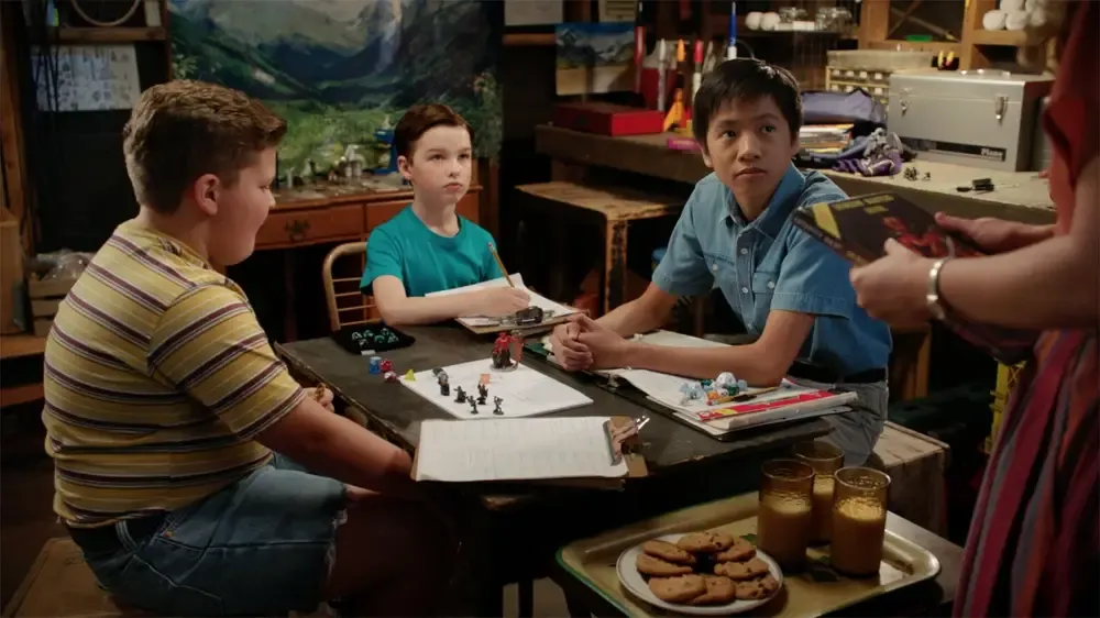 Billy, Sheldon, and Tam are playing Dungeons & Dragons when Mary notices the massive devil on the cover of the Dungeon Master's Guide.