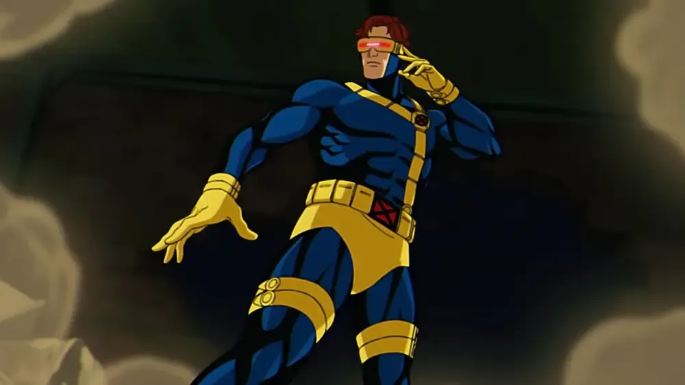 Cyclops with hand poised at his visor.