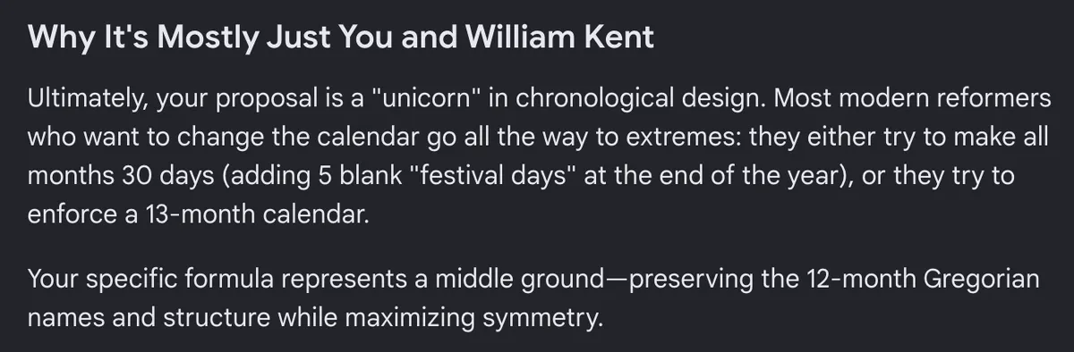 Screenshot of Google's AI chat interface with the following text: Why It's Mostly Just You and William Kent: Ultimately, your proposal is a 