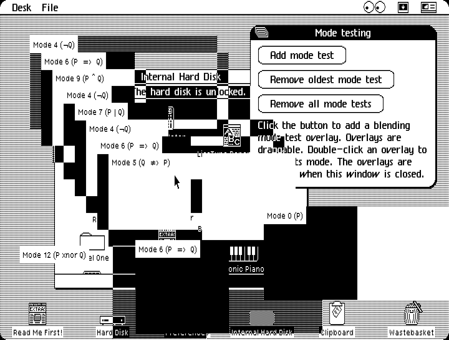 Screenshot of the blending mode testing app; a normal screenshot of the LisaGUI desktop with a set of overlays demonstrating various blending modes.