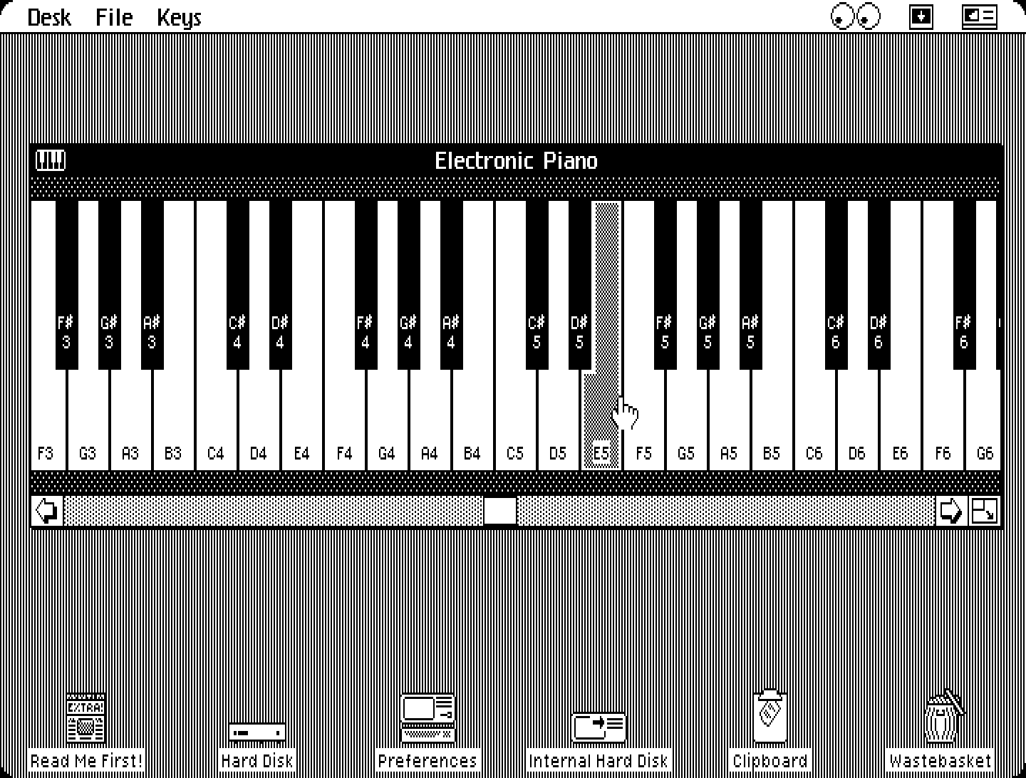 A screenshot of the piano application, with the E5 key pressed.