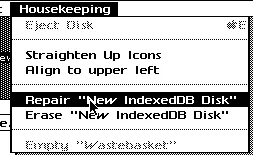 The housekeeping menu in LisaGUI, with the following items: Eject disk (grayed out), a menu separator, Straighten Up Icons, Align to upper left, Repair New IndexedDB Disk, Erase New IndexedDB Disk, Empty Wastebasket (grayed out)