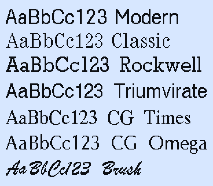 A vertical list of samples of the following typefaces: Modern, Classic, Rockwell, Times, Triumvirate, Omega, Brush. Each line of text contains the characters A, a, B, b, C, c, 1, 2, 3, followed by a space and then by the typeface's name.