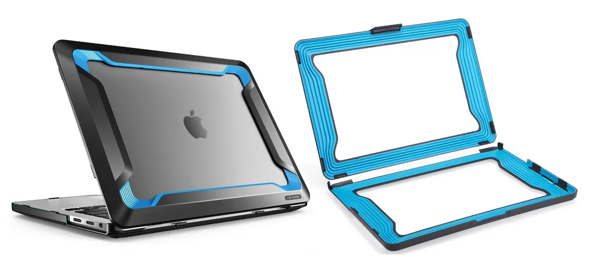 two photos of a Thule Vectros bumper case for a MacBook Pro