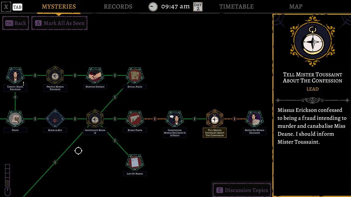An example of the mind map screen. This is very early game, so no real spoilers.