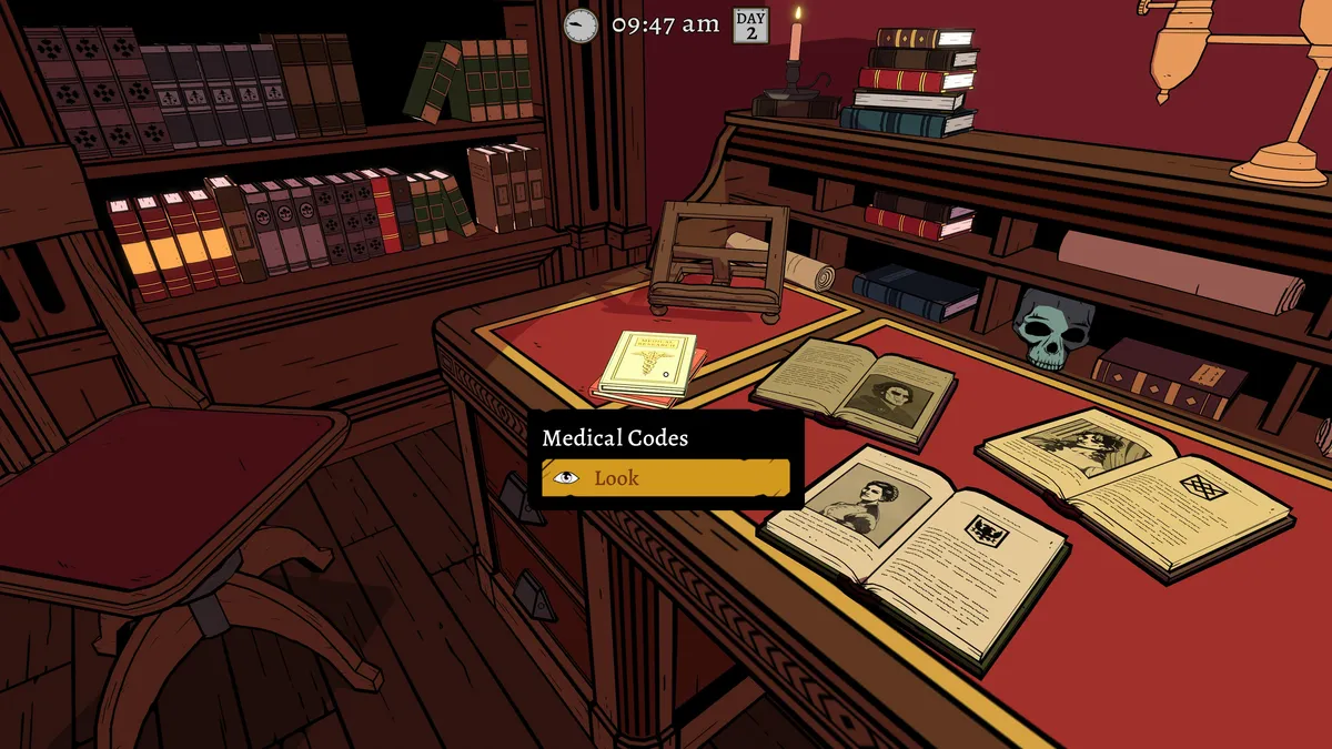 A view of the library in Blake Manor, exemplifying the game’s visual style.