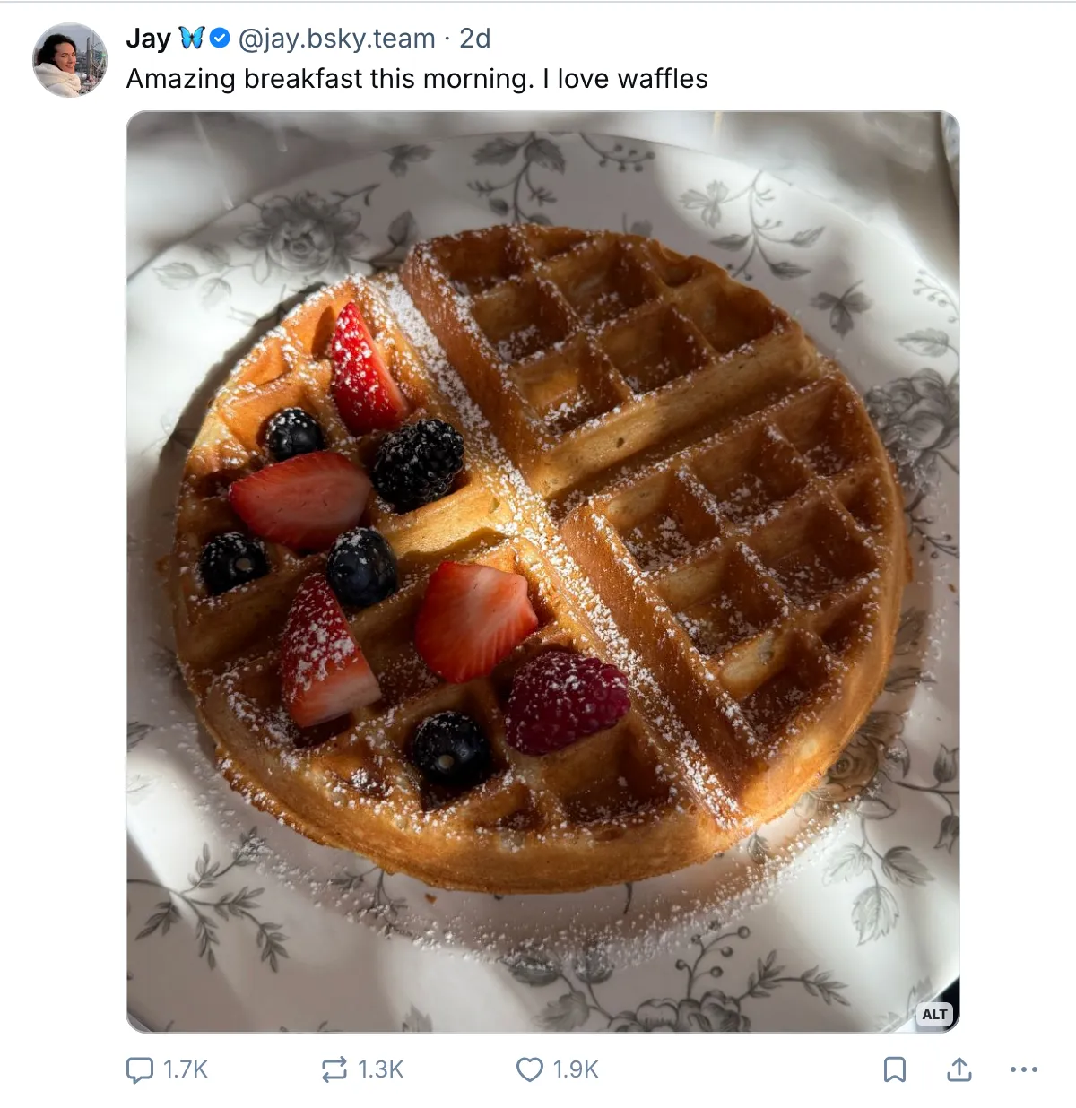 Screenshot of Jay Graber posting a photo of waffles on Bluesky.