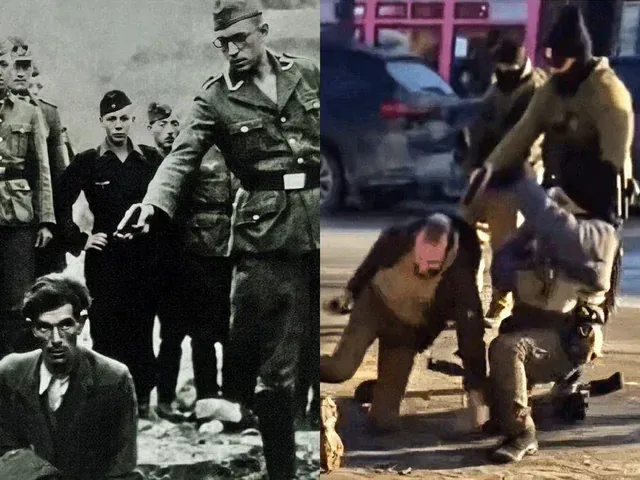 Side by side images of a Nazi execution and the killing of Alex Pretti by ICE in Minnesota on 24 January 2026