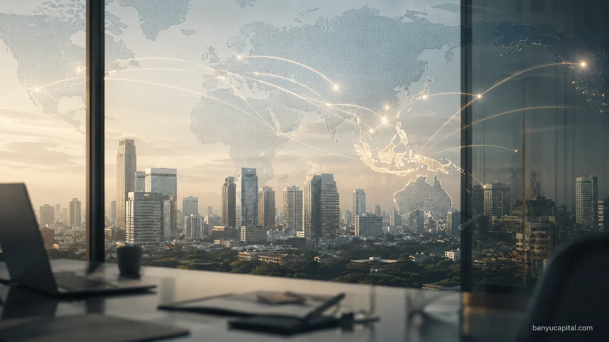 Ilustrasi editorial Jakarta financial district dan arus modal global menuju Asia dan Indonesia