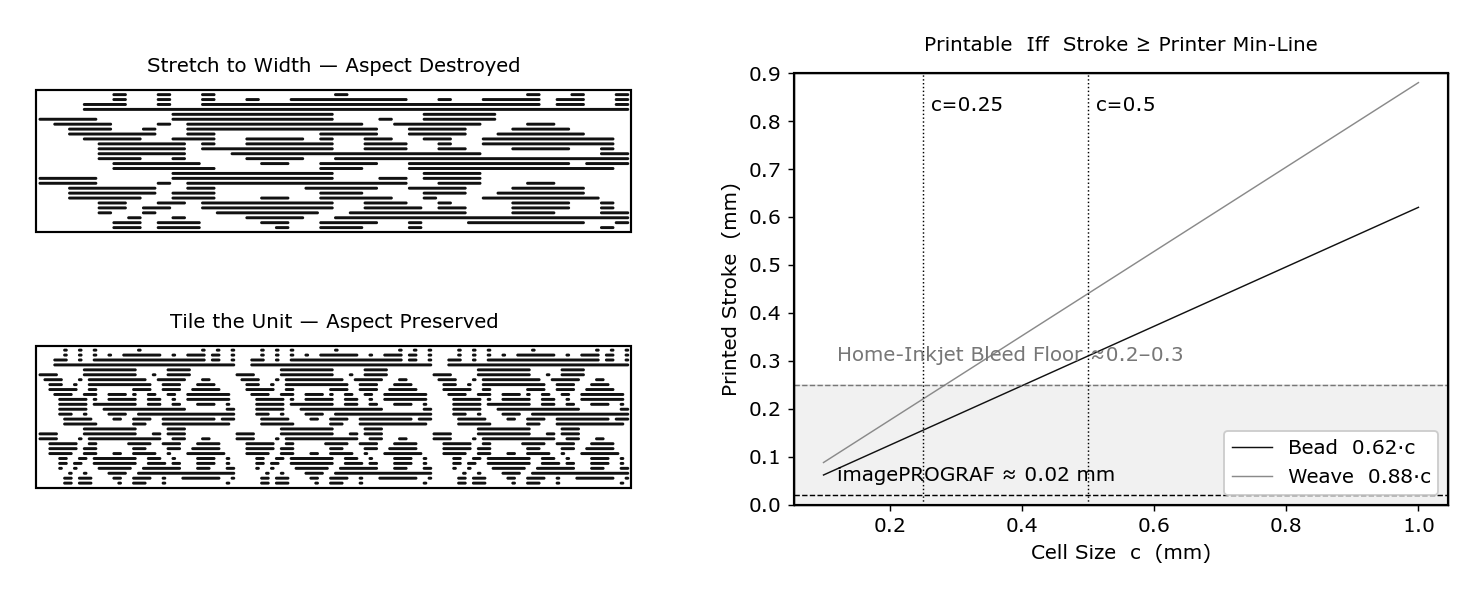 Two panels. On the left, a single border motif repeated a whole number of times to widen a band, beside the same motif stretched and distorted to fit the same width. On the right, a printed stroke set against the printer's minimum line width.