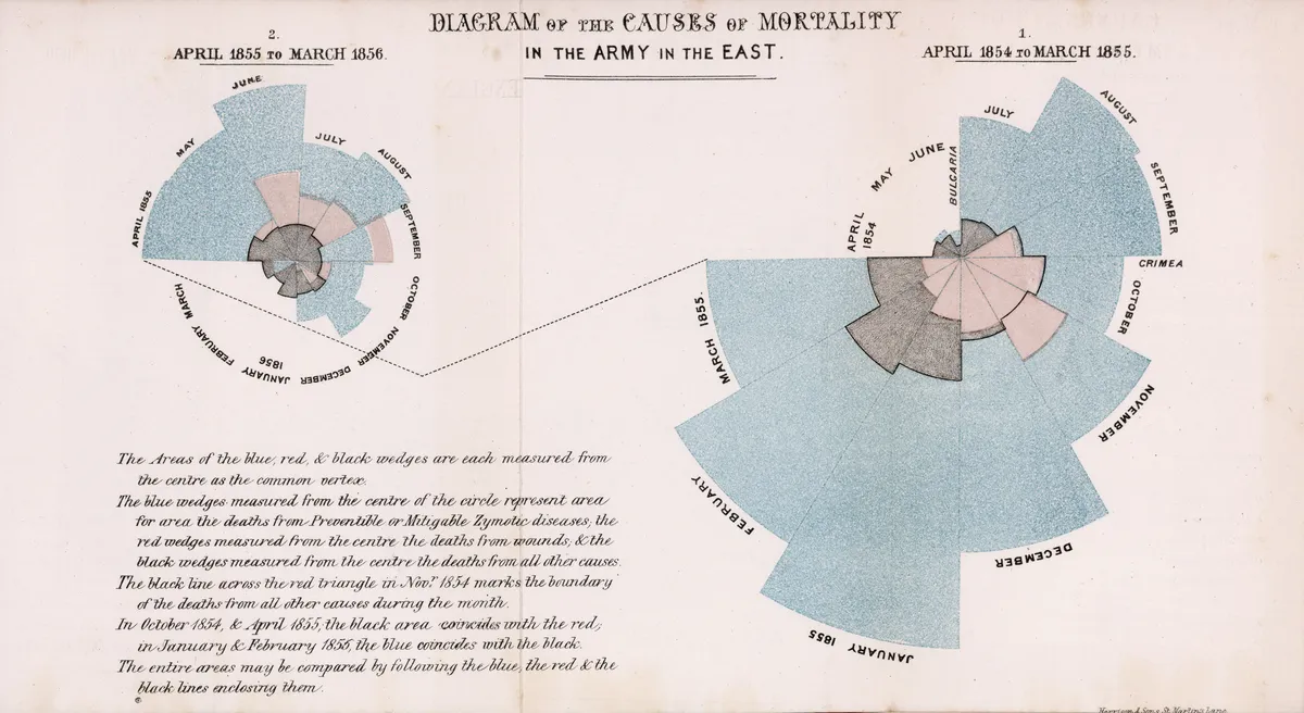 Florence Nightingale's 1858 polar-area diagram, two clock-like rose charts of wedges in blue, red and black showing month-by-month deaths in the British army in the East, the large blue areas of preventable disease dwarfing the smaller red wedges of wounds.