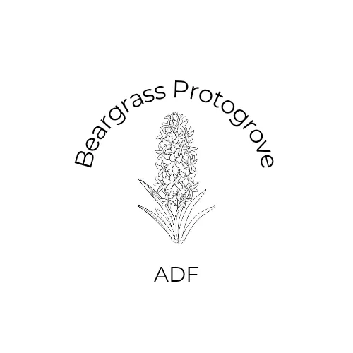 Beargrass Protogrove logo - a black and white line drawing of a hyacinth with the words "Beargrass Protogrove, ADF curving around it.