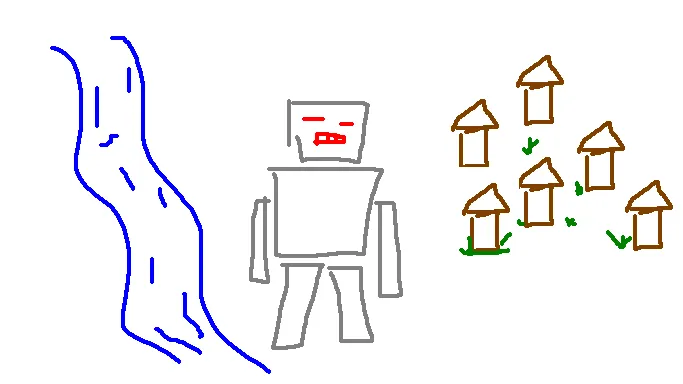 a robot betwixt river and village