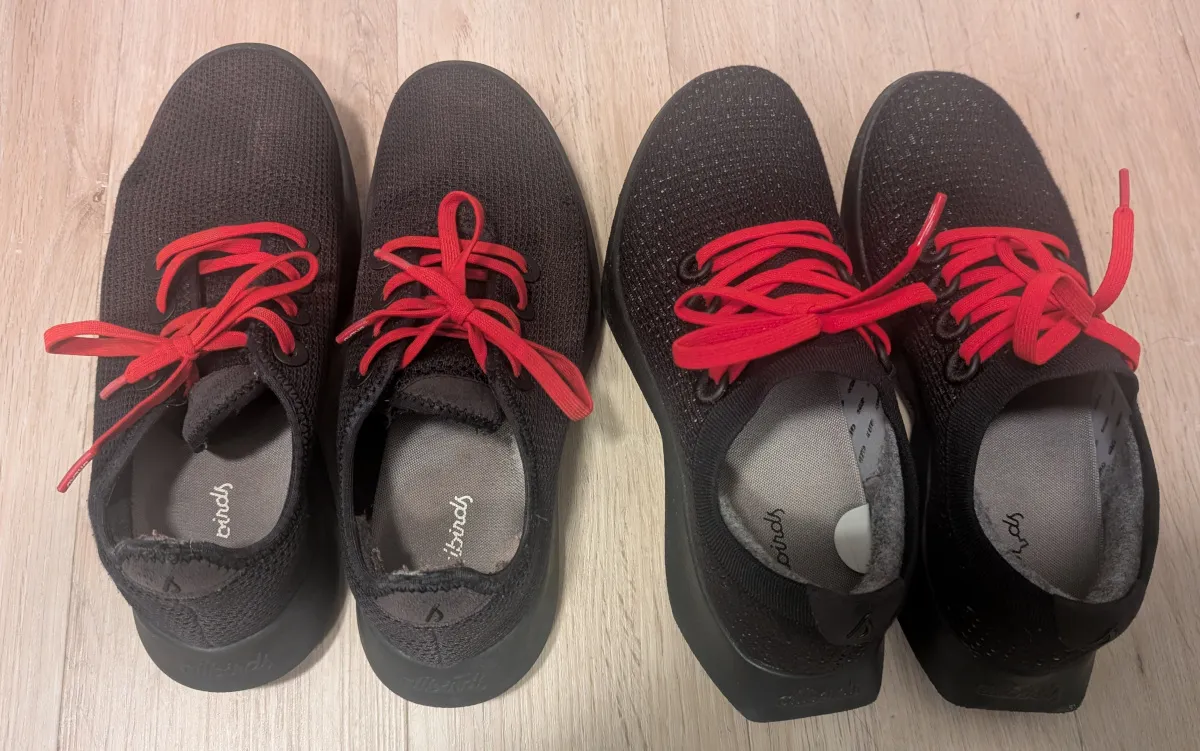 Two pairs of black sneakers with red (elastic) shoelaces