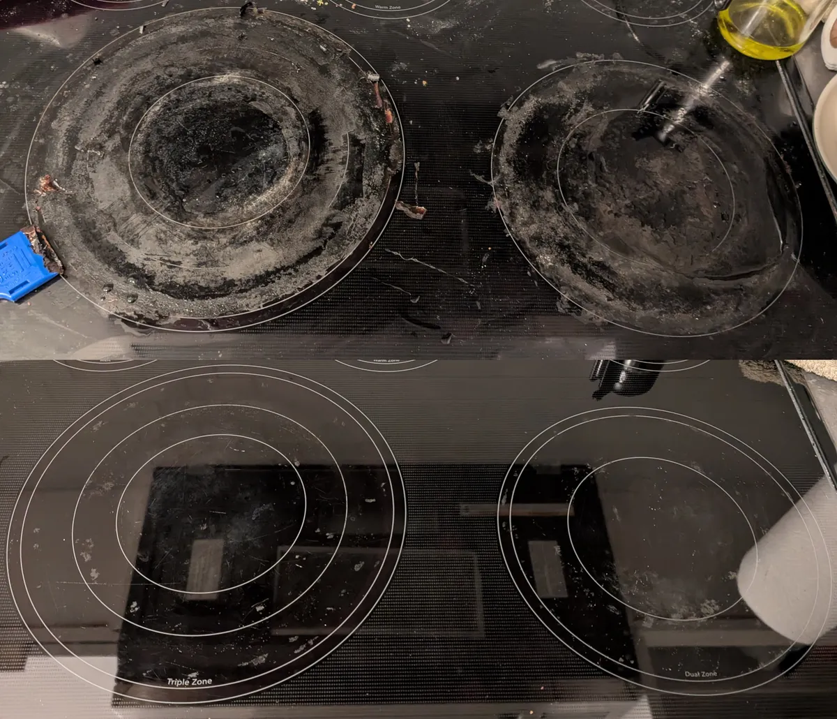 A before-and-after pair of photos of a glass stovetop. The top photo is absolutely filthy; the bottom photo has only a handful of blemishes, and in particular has text "Triple Zone" and "Dual Zone" that are completely obscured in the top photo.