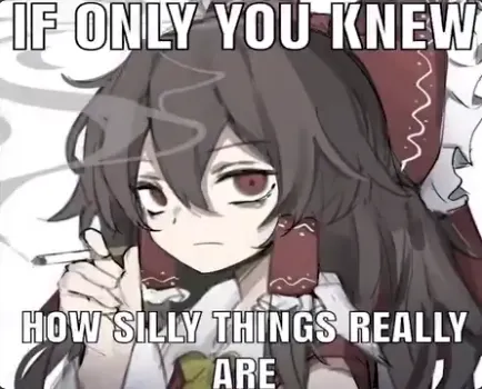 meme of hakurei reimu from touhou smoking a cigarette to the caption: if only you knew how silly things really are