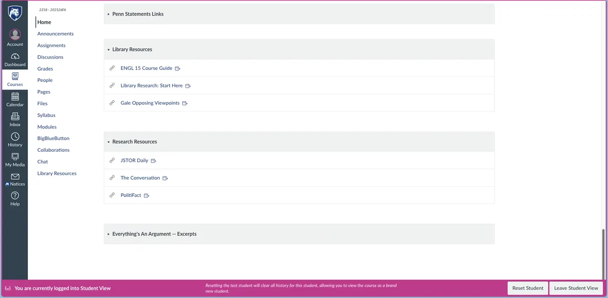 Screenshot of Canvas links to research resources.