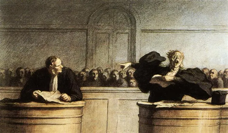 A painting of two lawyers in a courtroom, one pointing dramatically