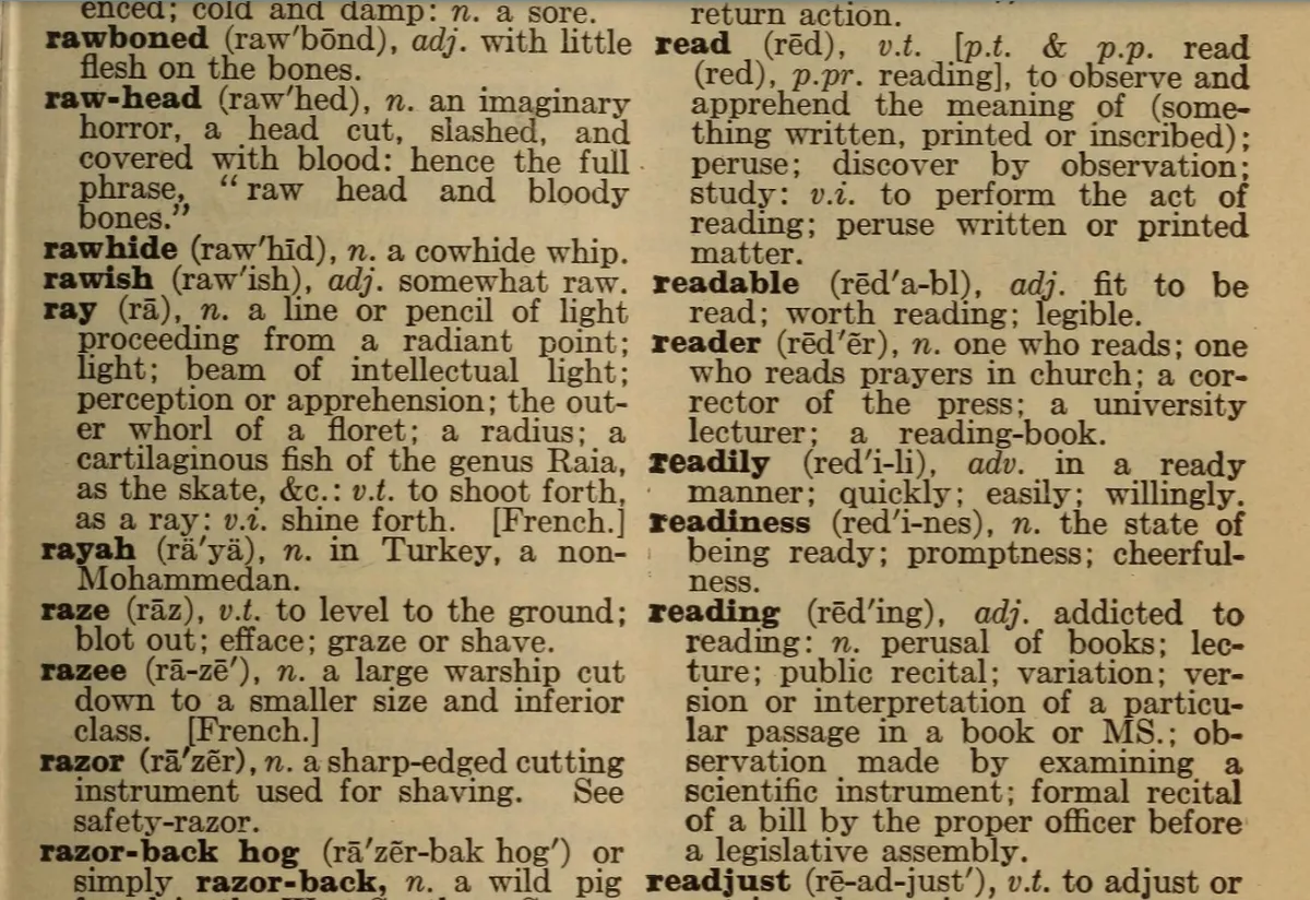 An image showing an old dictionary's definitions for words that start with R