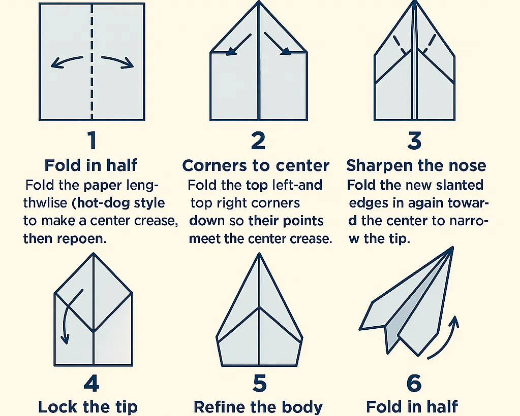 A diagram of instructions for folding a paper airplane
