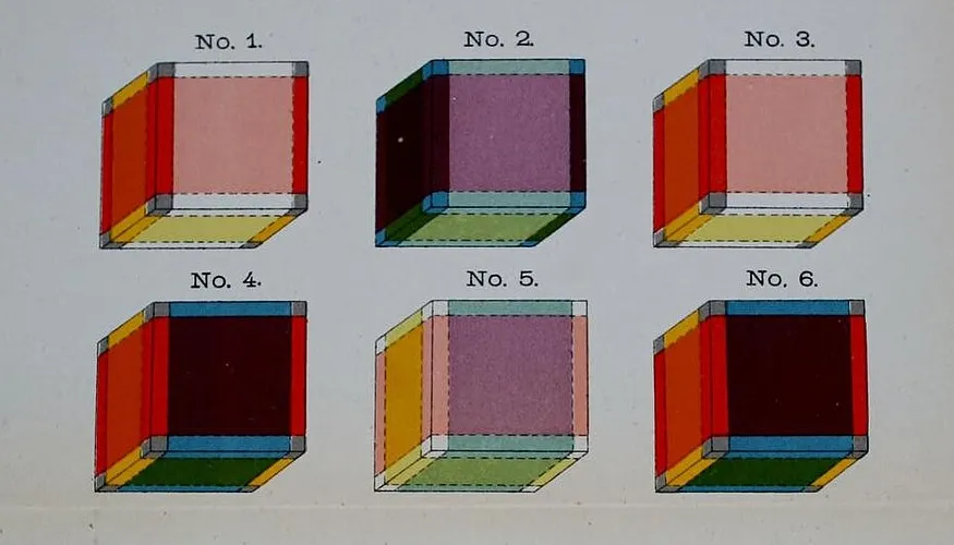 Illustration of six tesseracts in different colors