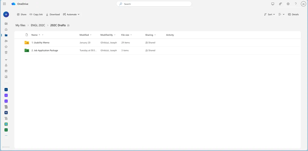 Screenshot of a OneDrive folder space showing subfolders for assignment drafts.