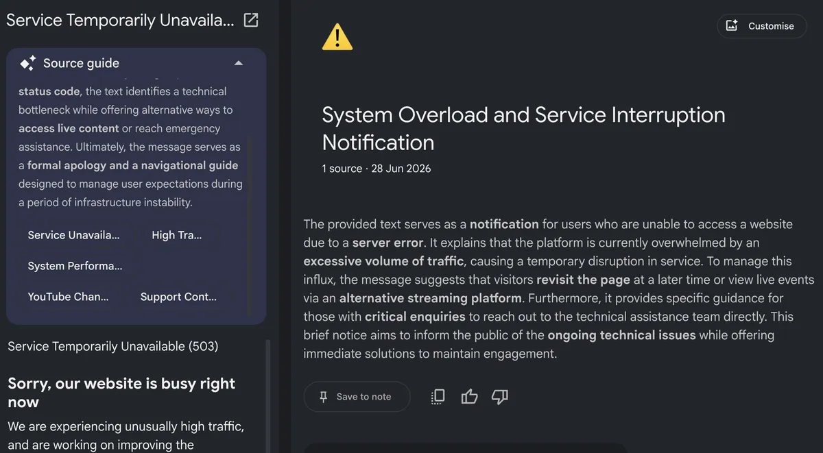 Screenshot of NotebookLM status, system is down