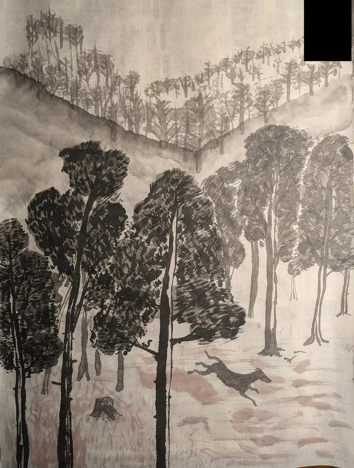 dog forest painting