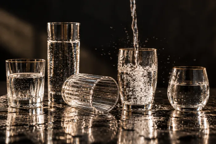 Water being poured into a row of glasses, with one glass lying on its side.