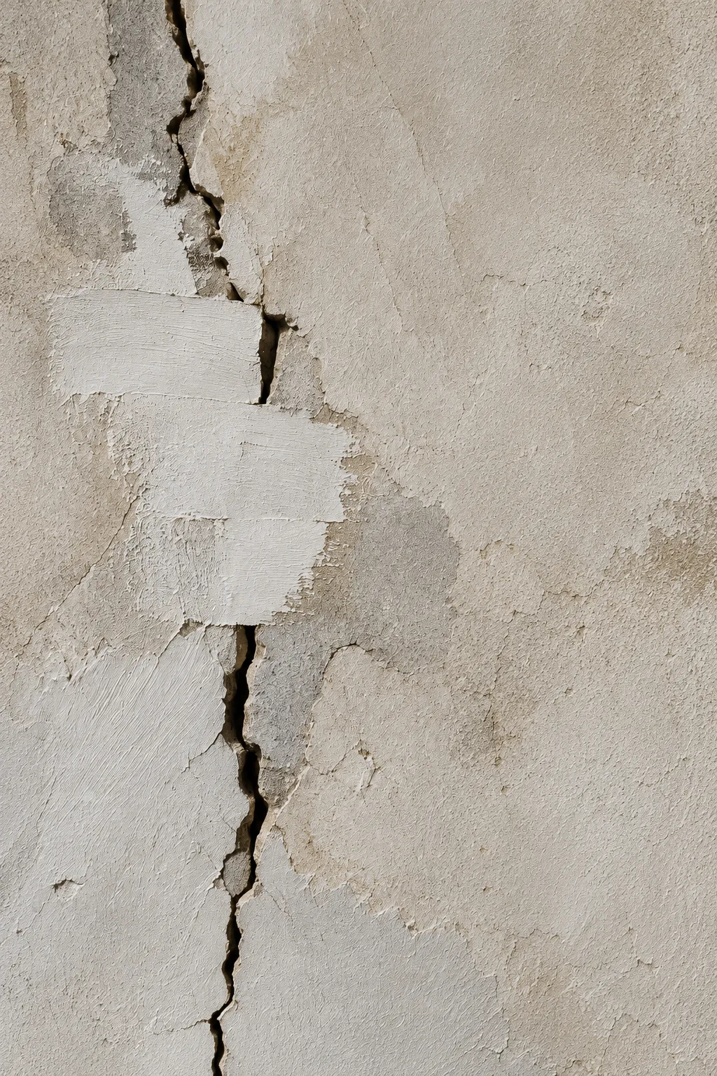 A cracked wall showing layers of previous repair