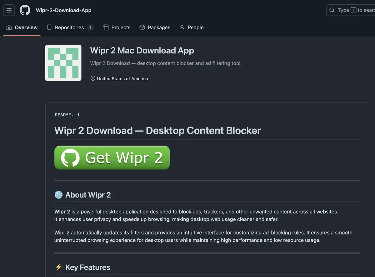 Screenshot of the Wipr-2-Download-App GitHub organization