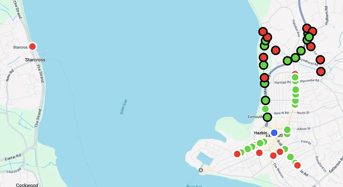 A map of Exmouth with Starcross across the River Exe