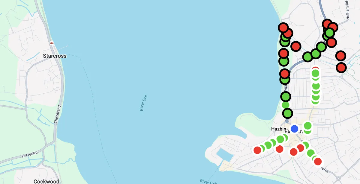 A map of Exmouth with Starcross across the River Exe