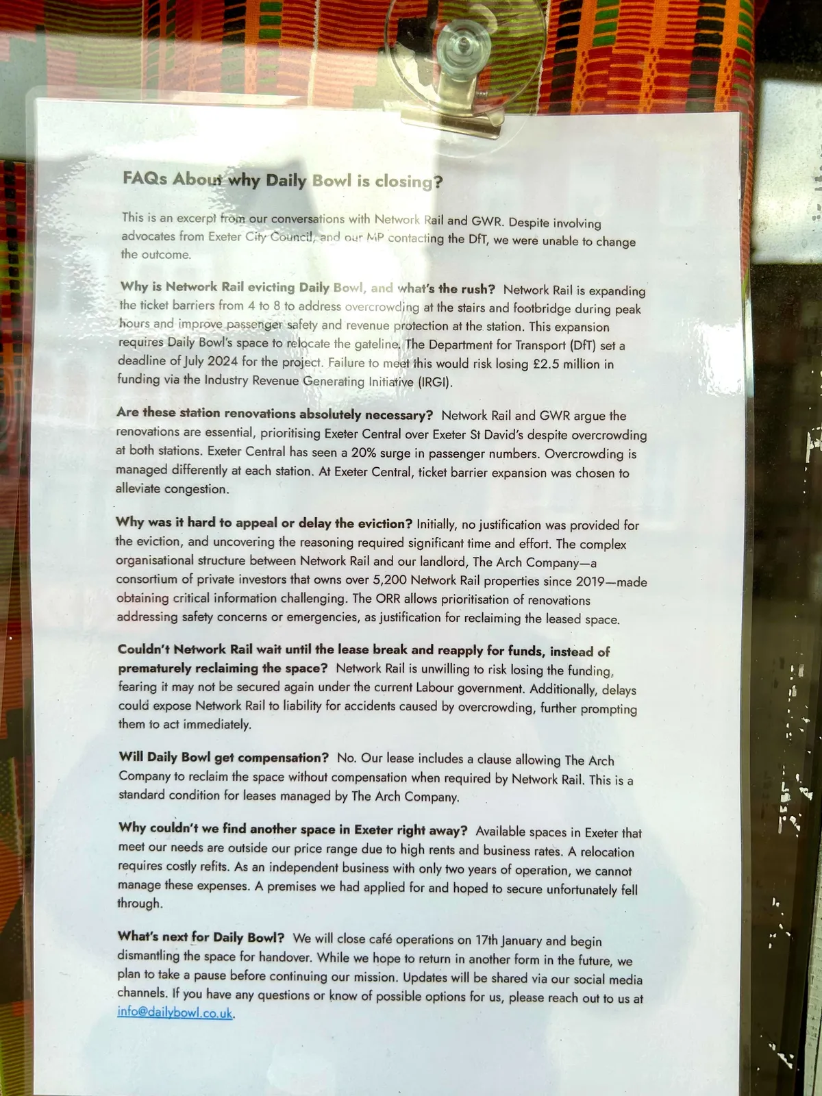 Letter explaining Daily Bowl's eviction