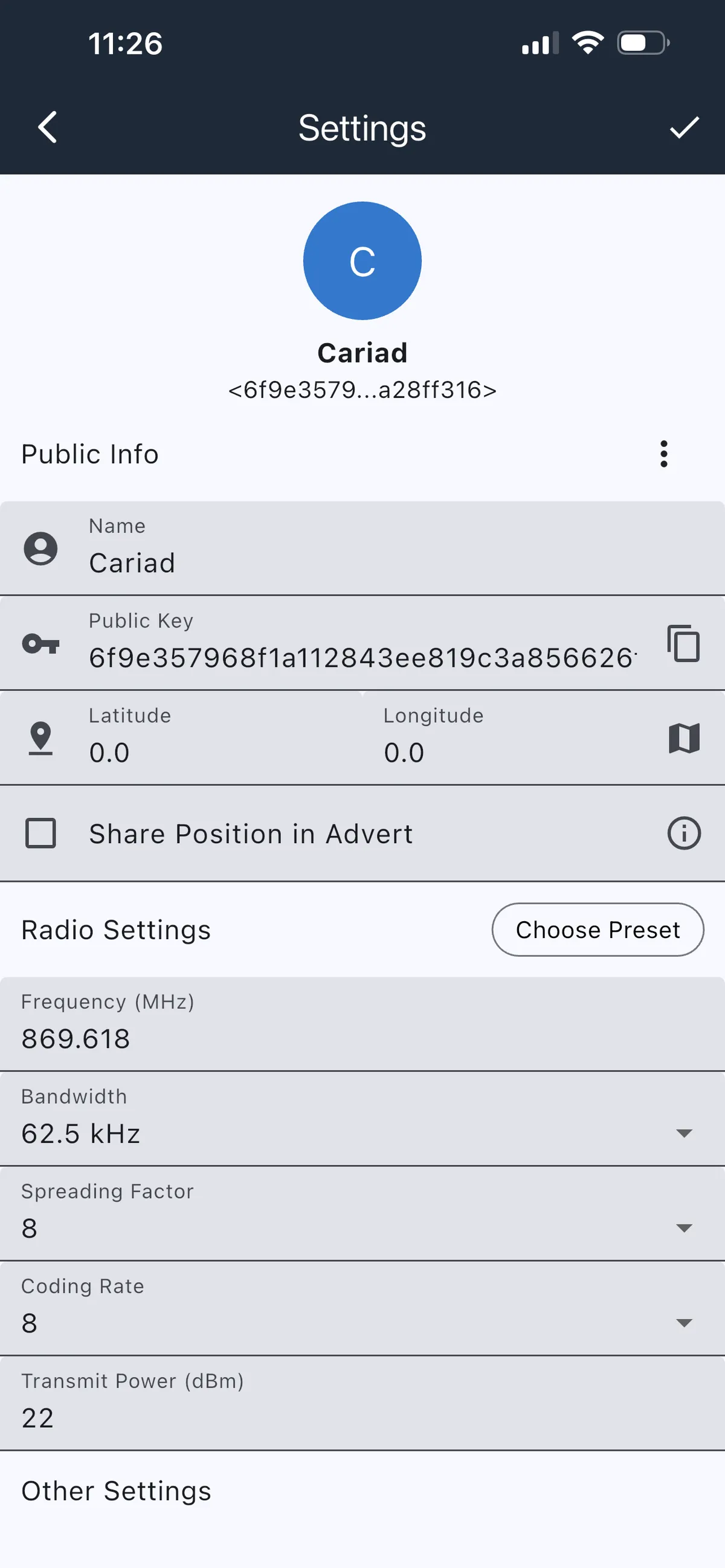 Screenshot of a MeshCore node configuration