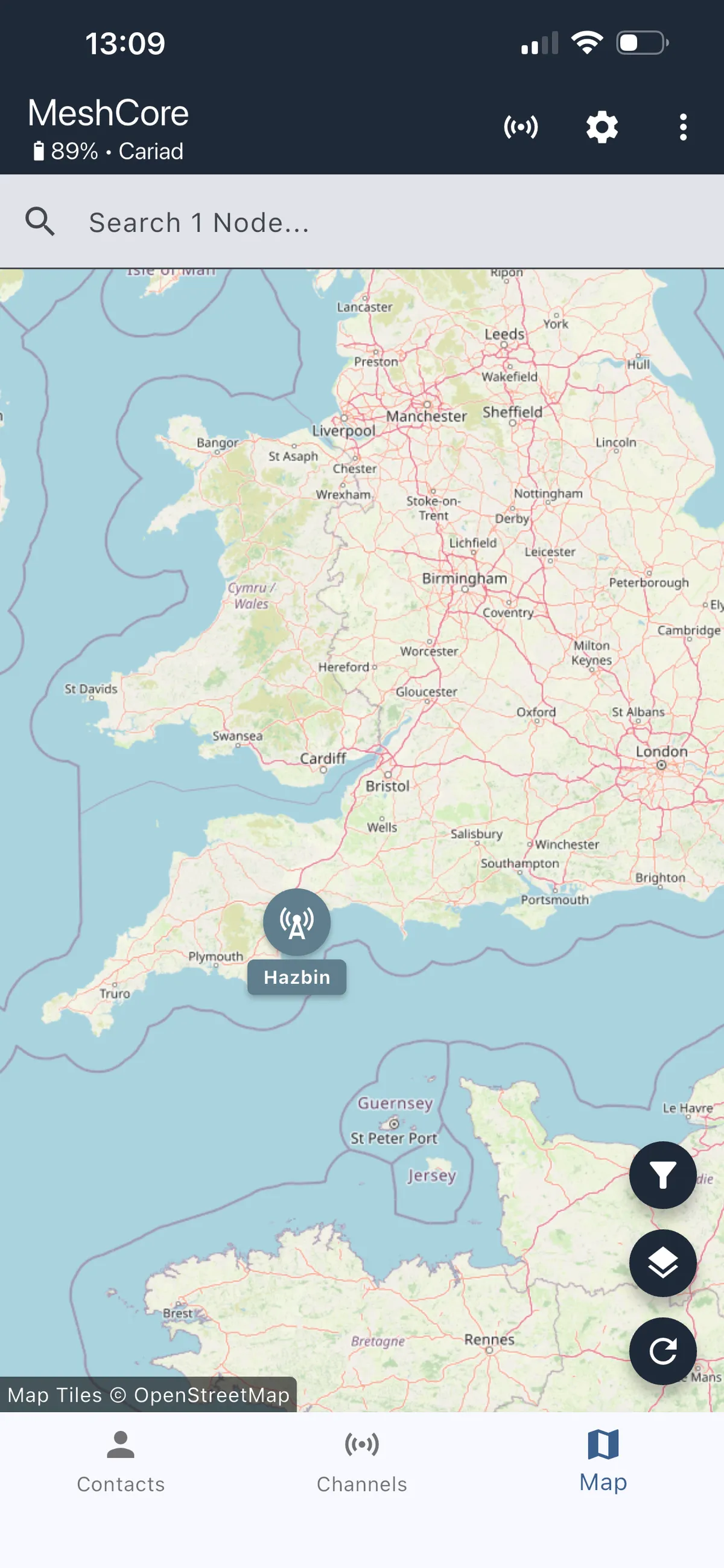 A map of the UK, showing a node called Hazbin in Exmouth