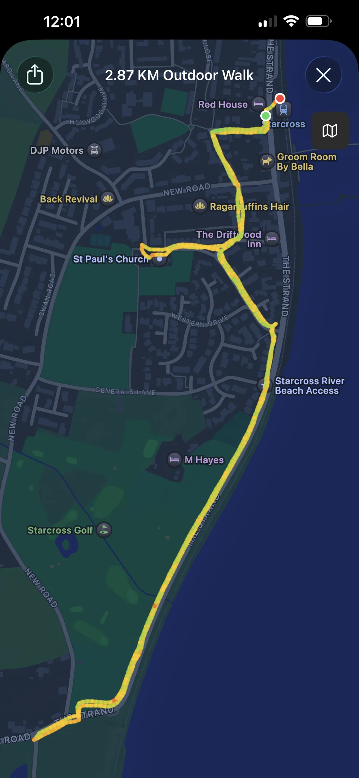 A map of my walk out and back into Starcross