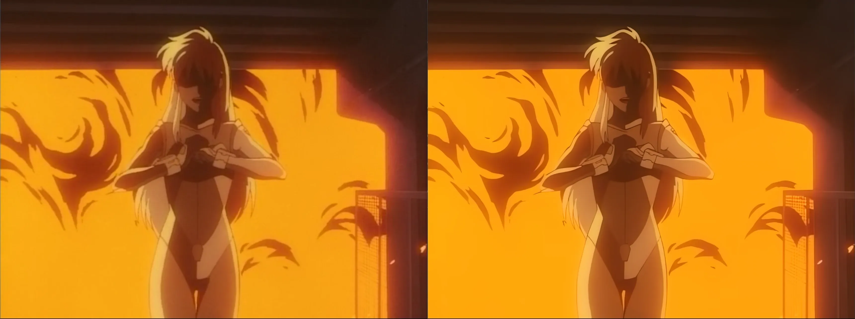 A shot of birdy in shock. On the left, the original rip is blurry and hazy. On the right, the upscaled version is extremely sharp without any artifacts.