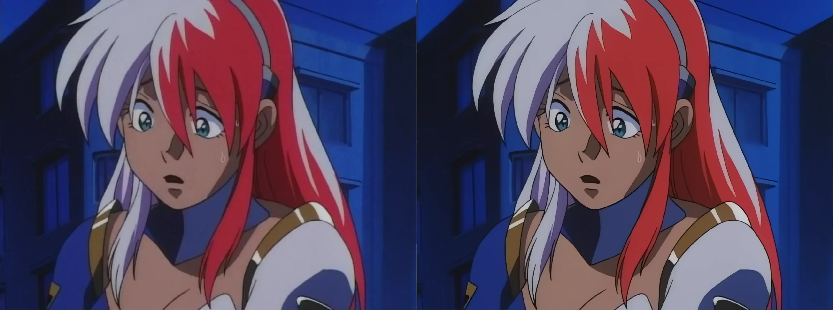 Blurry, noisy shot of birdy stepping out of a fire and cracking her knuckles on left. On the right is the same frame but much sharper, almost without noise. The sharpness does however emphasize some slight artifacts on the original rip, making the image look more artificial.