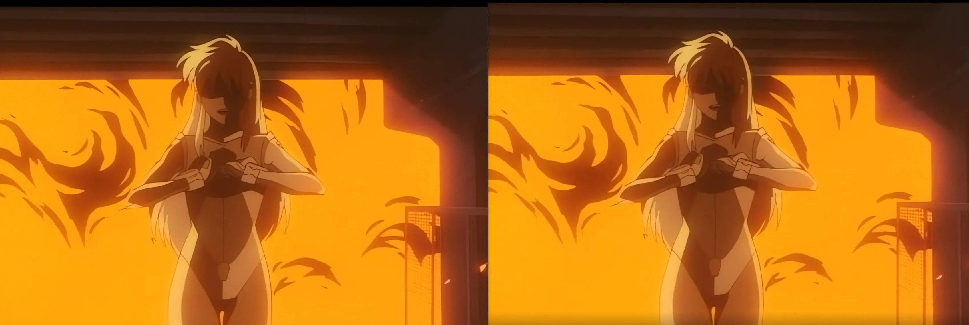 The left image is the same as the previous picture. The right image is by comparison has far more blockiness as well as aliasing jaggedness on diagonals and curved edges.