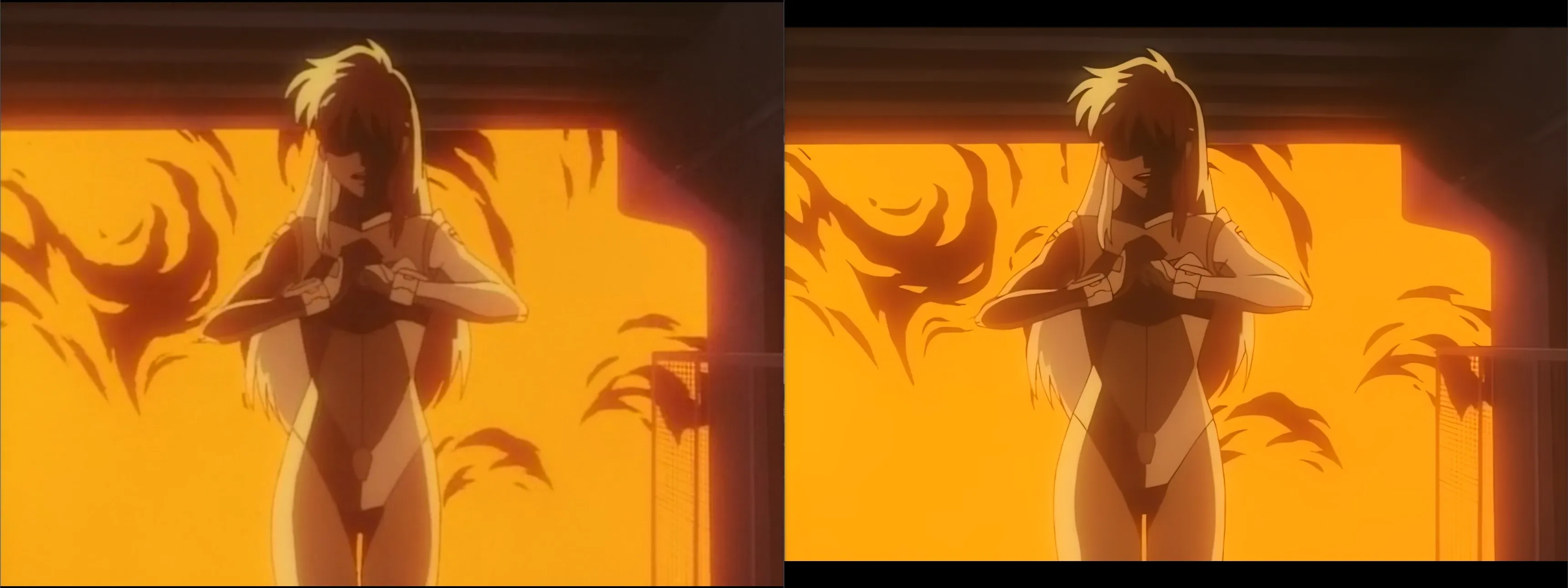 Original video on left. On the right, the video is sharper from upscaling, but also stretched out so birdy appears wider than normal.